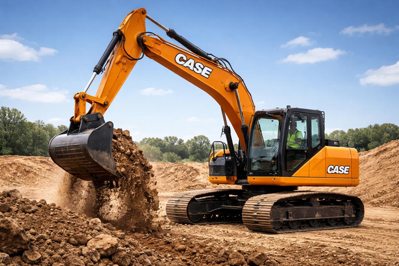 Case excavator on earthmoving project